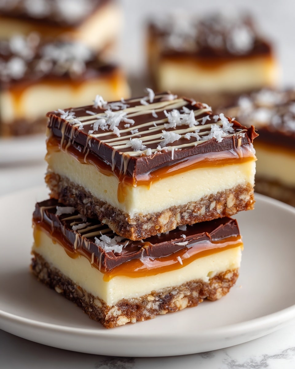 The image shows three stacked dessert squares on a white plate with a white marbled background. Each square has four clear layers: the bottom layer is a light brown crunchy base with visible oat or nut pieces, the second layer is thin and dark brown, the third layer is thick and creamy pale yellow, and the top layer is a shiny dark chocolate with caramel drizzled over it. The top chocolate layer is decorated with thin zigzag lines of darker chocolate and small white flakes scattered on top. The middle square is placed at an angle on top of the other two, showing all layers clearly. In the background, more of these dessert squares are slightly out of focus. photo taken with an iphone --ar 4:5 --v 7