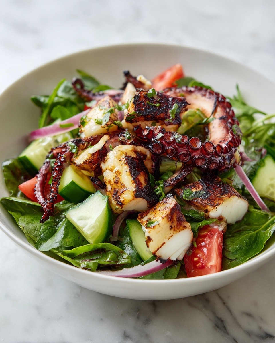 A white shallow bowl on a white marbled surface holds a fresh salad made of three main layers. The bottom layer is a mix of green leafy vegetables like spinach and rocket, with chunks of light green cucumber and bright red tomato wedges placed evenly around the bowl. On top of this, thin slices of purple onion are scattered for a soft texture and color contrast. The top layer is made of grilled octopus tentacles and tender white pieces of octopus meat, all showing dark char marks that add a crispy look, sprinkled lightly with finely chopped green herbs. The whole dish is bright and colorful with a mix of textures, set in natural light. Photo taken with an iphone --ar 4:5 --v 7