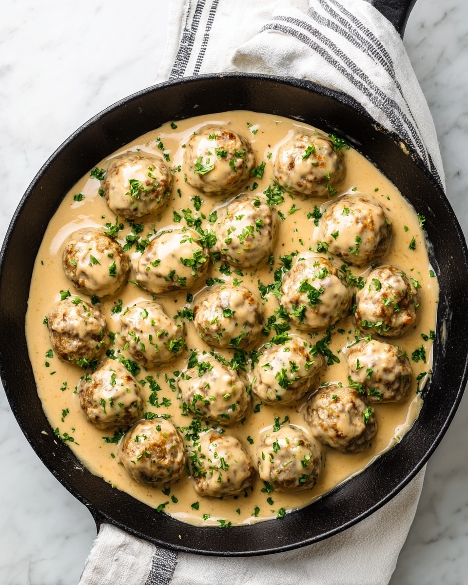 A white bowl filled with about sixteen round meatballs covered in a creamy white sauce with light brown sear spots. The dish is sprinkled with small green herb pieces evenly on top. A silver spoon is inside the bowl, lifting a meatball above the others. The background is a white marbled surface. photo taken with an iphone --ar 4:5 --v 7