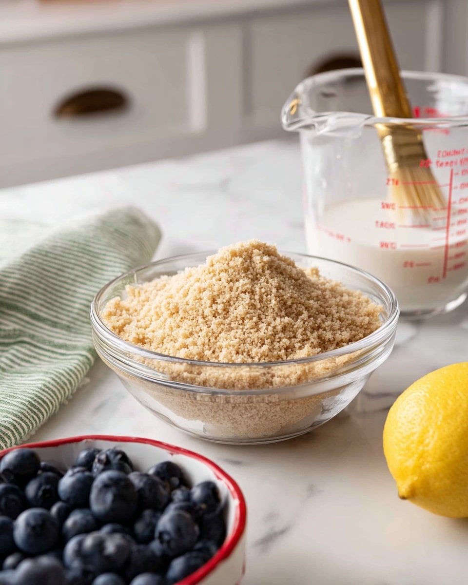 The image shows a clear glass bowl filled with crumbly, light brown dough mixture with a powdery texture inside, placed on a white marbled surface. Behind it, there is a clear measuring cup filled with a white liquid and a golden brush inside, with red measurement markings on it. In the lower part of the image, a white bowl with a red rim holds fresh, plump blueberries with a deep blue color. A halved lemon with a bright yellow peel and pale yellow inside rests on the white marbled surface near a green and white striped cloth. The background features white cabinets with dark handles. photo taken with an iphone --ar 4:5 --v 7