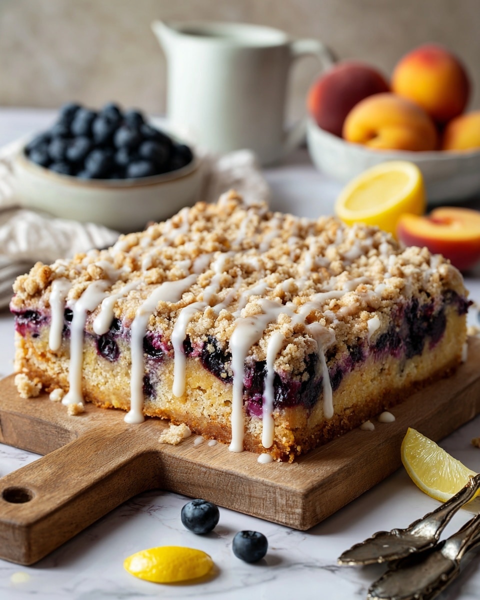 The image shows a large, square-shaped dessert bar on a wooden board with a handle. The bar has three layers visible: the bottom is a golden brown baked crust, the middle contains dark purple-blue berries scattered throughout, and the top is covered with a light brown crumbly streusel layer. A creamy white glaze is drizzled unevenly over the entire top, giving a shiny, smooth texture. Around the dessert bar, there are fresh blueberries, lemon wedges, and measuring spoons on a white marbled surface. In the background, there is a white bowl filled with blueberries and some peaches in a container. Photo taken with an iphone --ar 4:5 --v 7
