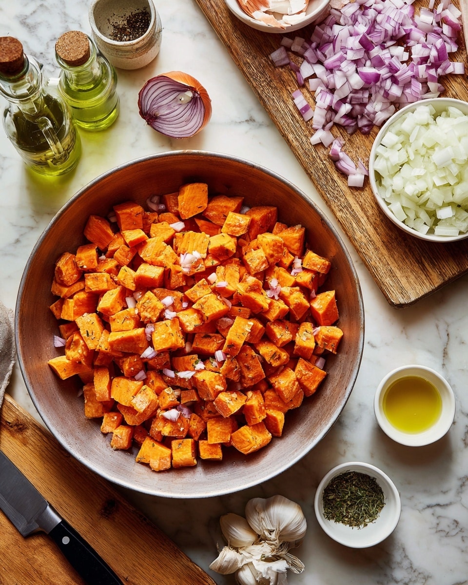 A large metal bowl filled with bright orange chunks of sweet potatoes topped with small pieces of minced garlic sits on a wooden table. To the top right, two white bowls hold finely chopped white onions and chopped red onions, placed on a wooden cutting board which also has whole and halved onions, a clove of garlic, a small white bowl of olive oil, and a small white bowl of dried herbs. Two bottles of oil, one greenish and one clear, are placed to the top left of the main bowl. A sharp knife with a black handle rests on the wooden cutting board. The scene is warm and rustic, all set on a white marbled surface. Photo taken with an iphone --ar 4:5 --v 7