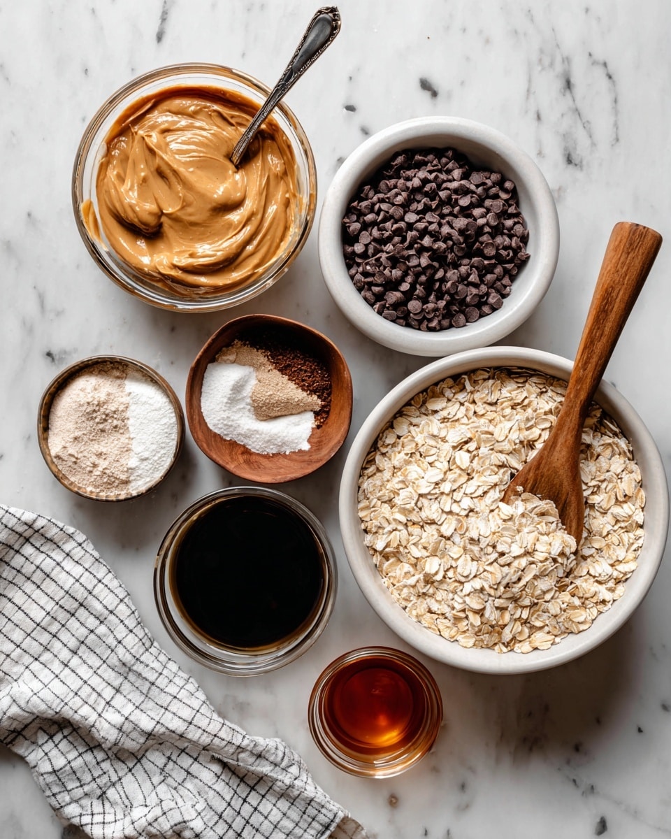 A flat lay shows seven containers on a white marbled surface. In the top right is a white bowl filled with pale tan oats and a wooden spoon resting inside, angled to the right. To its left is a white bowl full of small dark chocolate chips. Below the oats bowl is a clear glass bowl holding smooth light brown peanut butter with a metal spoon inside. Centered below the peanut butter is a white cup filled with dark coffee or syrup, with a small checked cloth napkin slightly under its right side. To the right of this cup is a small clear glass with amber liquid inside. Bottom left features a small wooden bowl with white salt arranged in a neat spiral. A small glass bowl of clear liquid sits just above the salt. Everything is neatly arranged on the white marbled surface, photo taken with an iphone --ar 4:5 --v 7