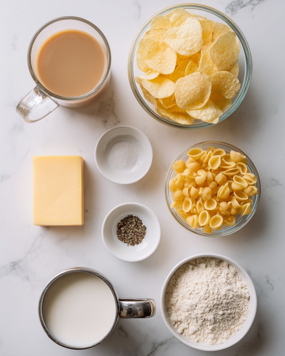 The image shows six glass bowls and three white-handled utensils placed on a white marbled surface. From the upper left, a clear glass bowl holds wavy yellow potato chips, next to it are two small glass bowls: one with light brown powder and the other with dark brown powder. To the right, a glass bowl contains a solid block of light yellow butter. Below, a large glass bowl is filled with golden pasta loops. On the lower left, there is a stack of pale yellow square cheese slices. A metal measuring cup with a white handle is filled with white granulated sugar in the center bottom, and to its right, two white-handled measuring spoons hold white granulated sugar and fine white powder respectively. The whole setup is neat and bright. Photo taken with an iphone --ar 4:5 --v 7