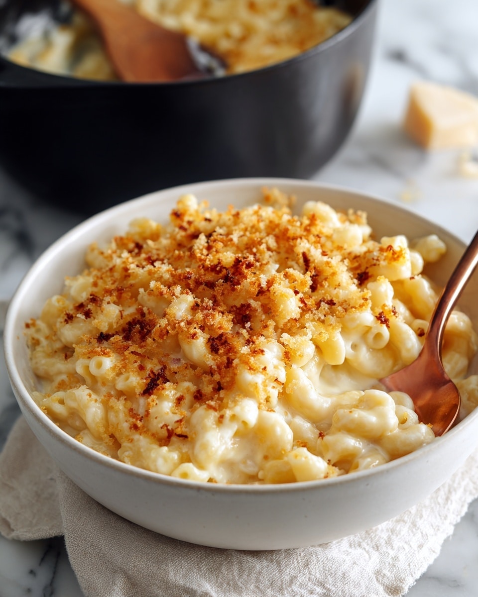 A white bowl filled with creamy macaroni and cheese topped with a golden brown crumb layer, showing soft elbow pasta fully covered in thick cheese sauce. A rose gold fork dips into the bowl on the right side, partially submerged in the macaroni. In the background, a black pot with creamy macaroni is partially visible, with a wooden spoon resting inside. The scene is set on a white marbled surface with a light-colored cloth nearby. photo taken with an iphone --ar 4:5 --v 7