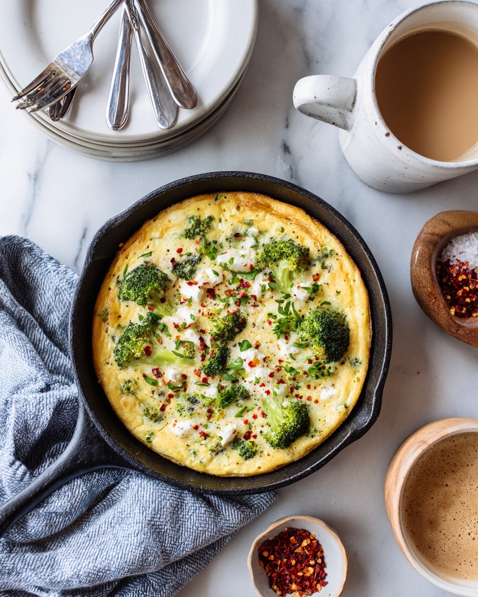 A frittata cooked in a black cast iron skillet with a yellow egg base scattered with green broccolini florets and leafy herbs, white chunks of cheese, and small red chili flakes, resting on a blue and white striped cloth on a white marbled surface. Around it, there are neatly stacked white plates with folded gray and beige cloth napkins on top, two silver forks placed beside the napkins, a small white cup of espresso with a spoon inside, a white-handled knife with a worn blade, and two small white bowls—one with red chili flakes and the other with salt. A silver spoon rests inside a speckled gray mug filled with frothy coffee. Photo taken with an iphone --ar 4:5 --v 7