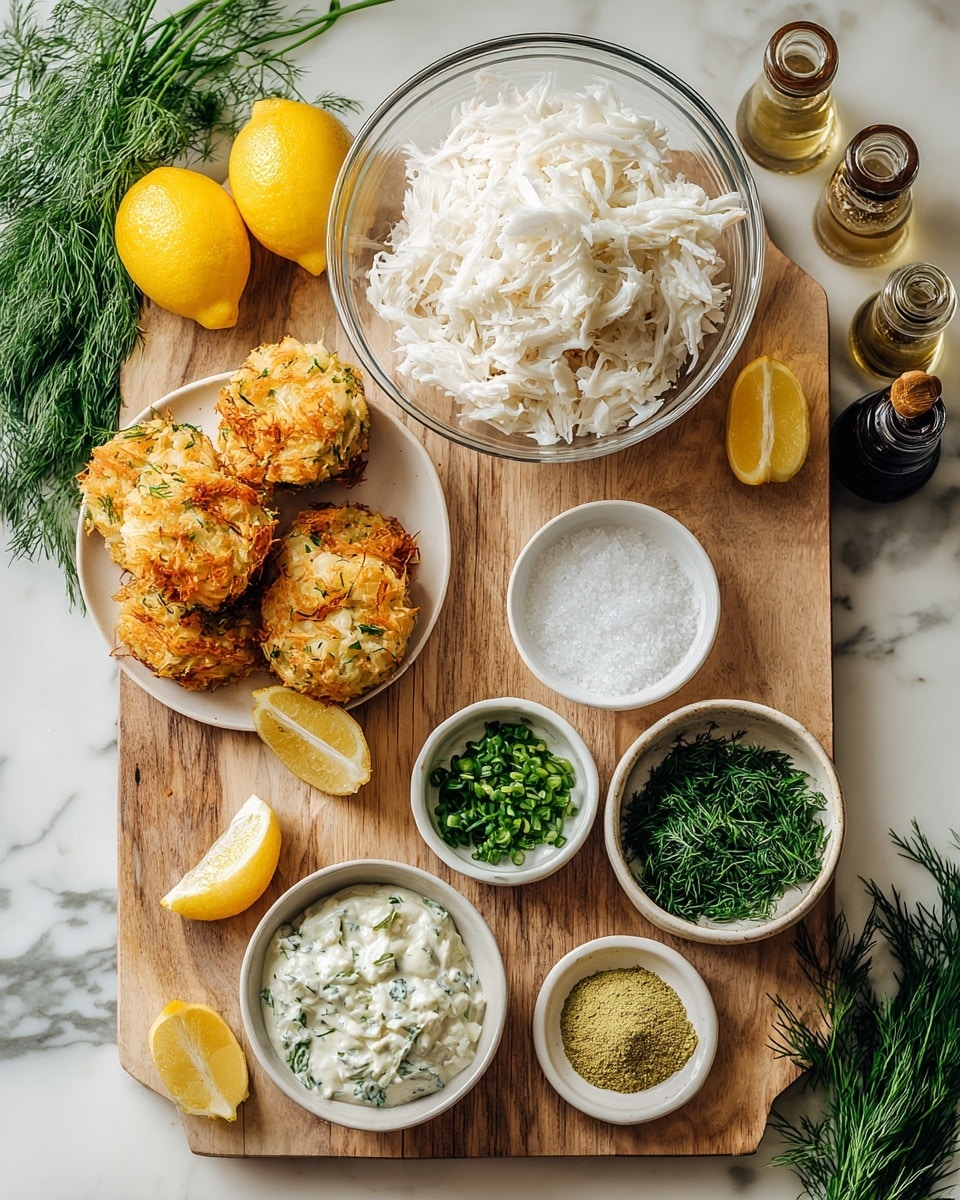 A wooden board holds various cooking ingredients and a small dish with four light golden-brown patties flecked with green herbs in the center left. At the top right, a large clear glass bowl is filled with shredded white crab meat. Surrounding the crab are small white bowls and clear containers with green chopped herbs, white granulated salt, red spice powder, finely grated yellow cheese, and a creamy white sauce with green herbs in a small white ramekin. Two bright yellow lemons and bunches of fresh green dill decorate the board. A few small bottles of liquids, likely oils and vinegar, are arranged near the top left. The setting is on a white marbled counter. Photo taken with an iphone --ar 4:5 --v 7