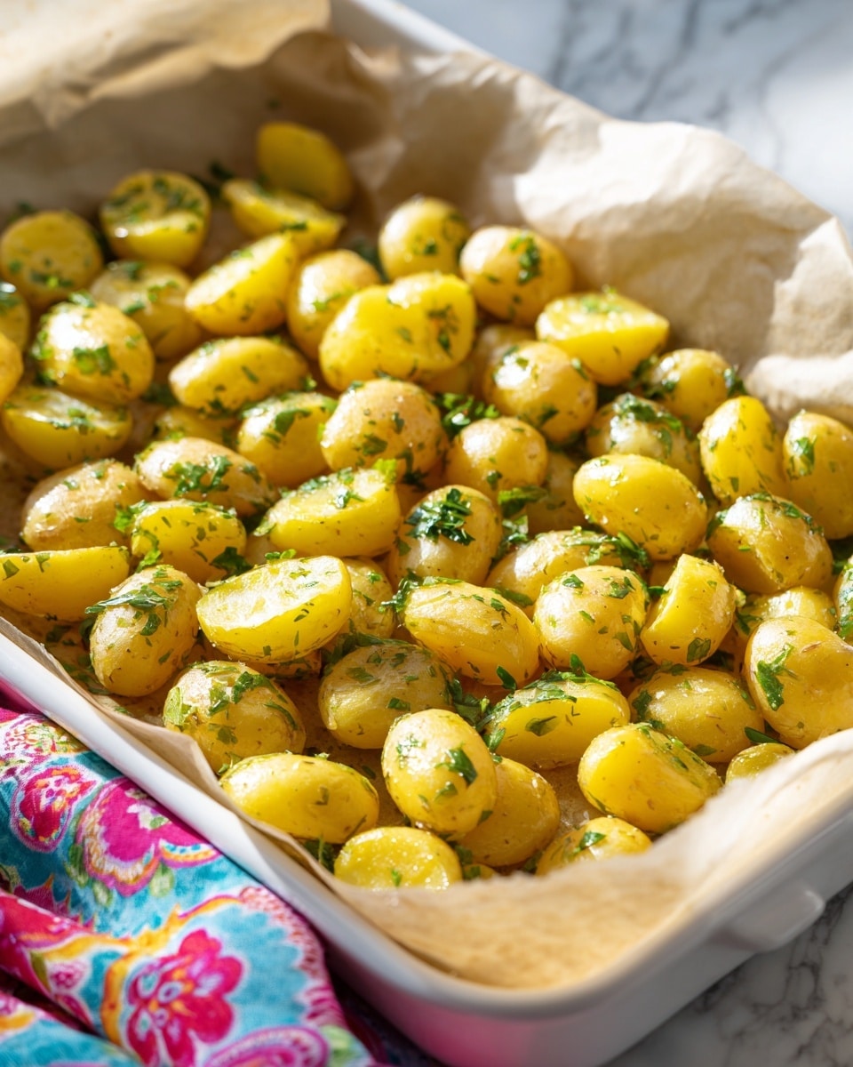 The image shows a baking tray with one layer of small yellow potatoes cut into halves. The potato halves have a slightly golden skin with a yellow inside and are spread out evenly on a pale brown parchment paper that lines the tray. The potatoes are sprinkled with green herbs and glistening with oil, creating a shiny texture. The baking tray has a light speckled pattern on the edge, and the scene is set on a white marbled surface with bright natural light casting clear shadows. A part of a colorful patterned cloth is visible at the bottom edge. Photo taken with an iphone --ar 4:5 --v 7