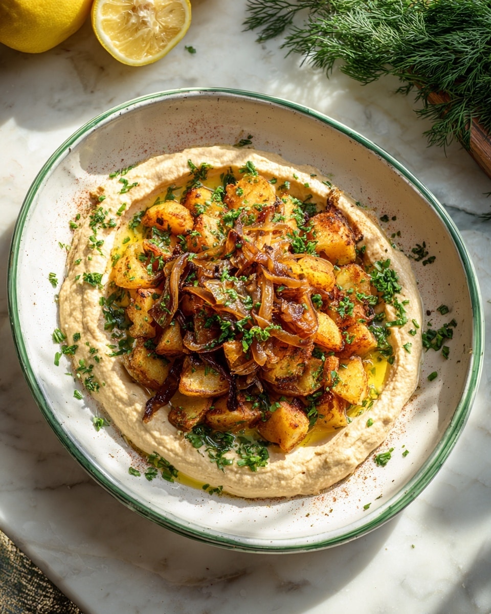 A white oval plate holds a dish with three main layers: at the bottom is a thick spread of creamy beige hummus, above it are golden roasted potato pieces with a slightly rough texture, and on top is a generous pile of glossy, caramelized brown onions. The dish is sprinkled with chopped fresh green herbs, adding vibrant color contrast. The plate is placed on a white marbled surface with bright natural light shining on it, looking fresh and inviting. In the background, there's a glimpse of a round white plate with a colorful salad and a lemon half on the left side. photo taken with an iphone --ar 4:5 --v 7