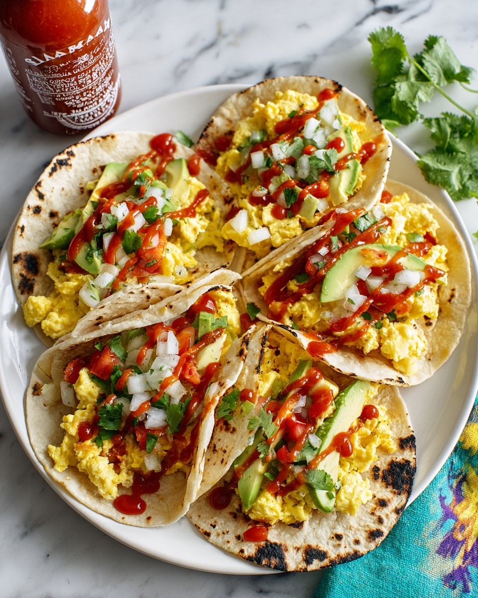 Four small corn tortillas with light browning and some char marks form the base on a white marbled surface. Each tortilla is topped with a layer of fluffy, yellow scrambled eggs mixed with melted cheddar cheese, creating a soft and slightly lumpy texture. On top of the eggs are thin slices of green avocado arranged in small handfuls. The tacos are garnished with freshly chopped red tomatoes, white onions, and green cilantro leaves scattered over the top. A few dabs of red hot sauce drizzle over the filling, adding a bright splash of color. The tacos are arranged on a round white plate with a simple, clean look. photo taken with an iphone --ar 4:5 --v 7