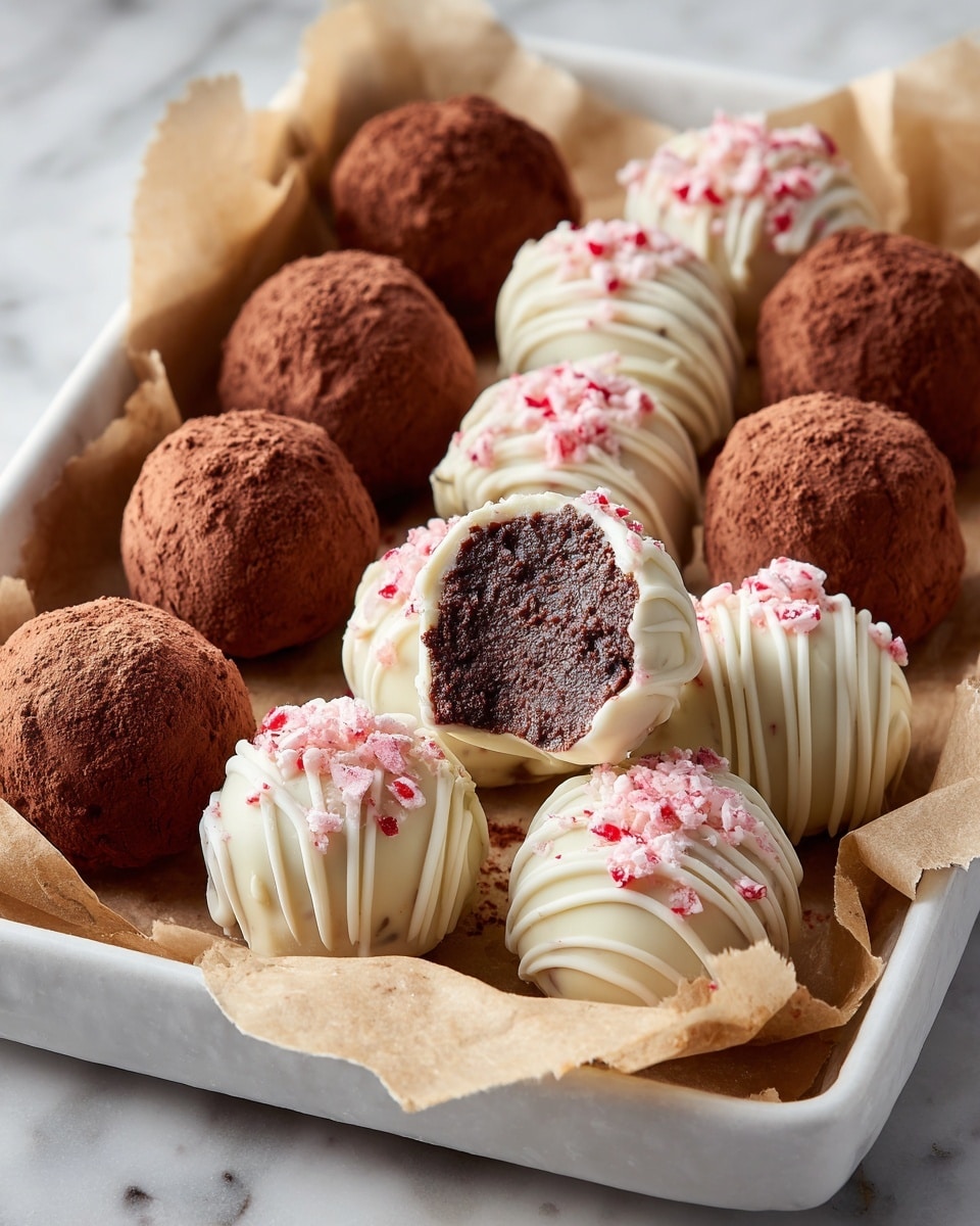 This image shows a tray lined with light brown parchment paper holding two rows of round chocolate truffles arranged evenly. The first row has dark chocolate truffles with a smooth surface dusted lightly with brown cocoa powder. The second row has white chocolate truffles with a creamy, shiny coating, decorated with thin white drizzle and small pink candy pieces scattered on top. One dark chocolate truffle in the middle is bitten, revealing a rich, thick dark chocolate filling inside. The tray has a white rim and sits on a white marbled surface. Photo taken with an iphone --ar 4:5 --v 7