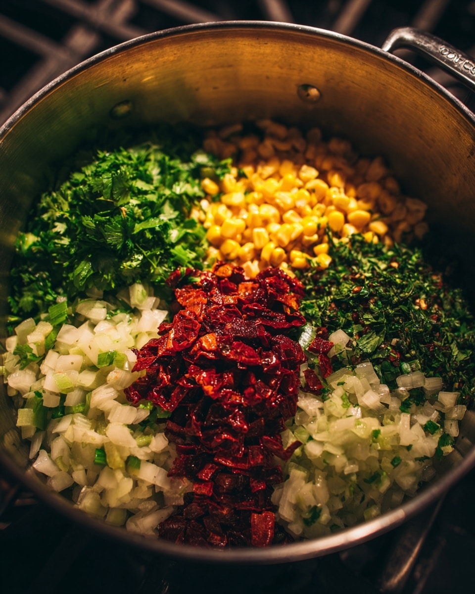 A shiny metal pan holds six bright layers of ingredients neatly arranged in sections: yellow corn kernels fill the back left, next to chopped white onions slightly to the center left, then sun-dried tomatoes rich in red hues sit in the center, with fresh green leafy herbs filling the front left and front right corners, and more finely chopped pale onions mixed with herbs on the right side. The pan is set on a stove with a white marbled surface in the background. The photo taken with an iphone --ar 4:5 --v 7