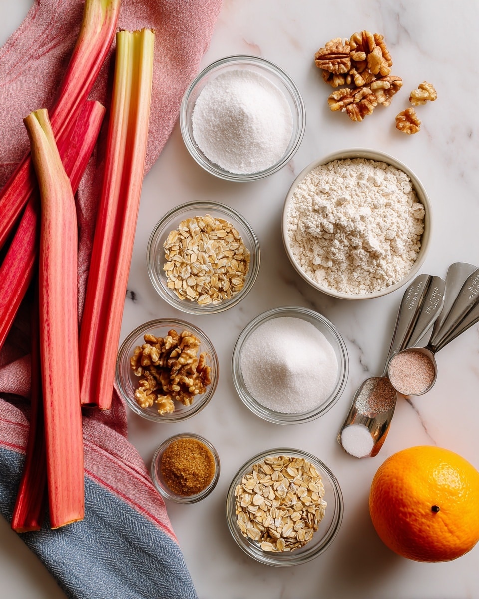 A white marbled surface holds several ingredients for baking, arranged neatly. On the left, there are long pink rhubarb stalks with white ends stacked next to a folded pink towel with teal edges. To the right, clear glass bowls contain white flour, light brown almond flour, white sugar, rolled oats, and chopped walnuts. Below these, metal measuring spoons hold cinnamon and nutmeg spices, and two measuring cups cover white salt and light brown brown sugar. At the bottom right corner of the image, a whole orange adds a bright splash of color. photo taken with an iphone --ar 4:5 --v 7