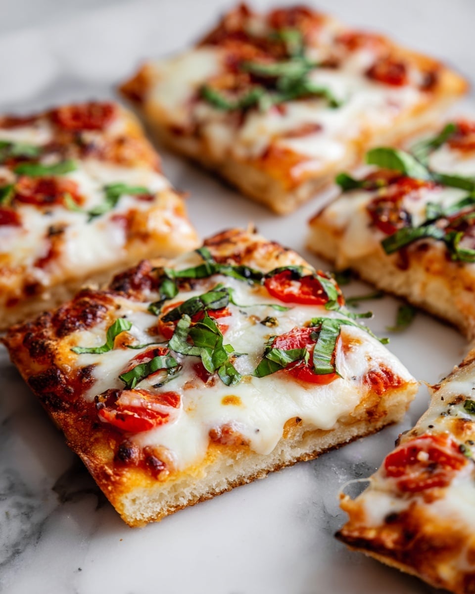 The image shows several square pizza slices on a white marbled surface. Each slice has a golden-brown crust that looks crisp but not too thick. There is a layer of melted white cheese covering most of the slice, topped with fresh green basil leaves and small bright red tomato pieces. Some areas of the cheese have browned slightly, adding texture. The ingredients are spread evenly, with the basil and tomato pieces placed on top of the cheese in a way that adds color contrast. Photo taken with an iphone --ar 4:5 --v 7
