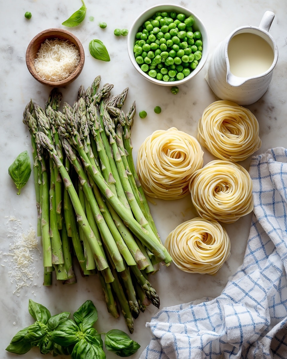 The image shows a white marbled surface with fresh ingredients arranged neatly. In the center is a large bunch of green asparagus spears laid diagonally. To the right of the asparagus, there are three nests of pale yellow pasta stacked in a line. Above the pasta, a small white bowl holds light green peas, and next to it is a white jug filled with a creamy liquid. To the right of the jug is another white bowl with breadcrumbs and a white measuring spoon inside. At the bottom left, a small wooden bowl contains salt, while fresh green herbs and basil leaves are scattered around the asparagus. A white and blue checkered cloth is placed on the right edge of the surface. photo taken with an iphone --ar 4:5 --v 7