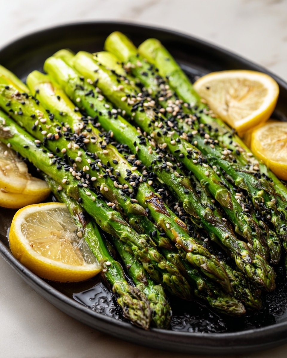 The image shows a black oval plate filled with bright green grilled asparagus, some topped with small black and white sesame seeds. The asparagus spears are arranged in neat layers across the plate with slight char marks. Around the edges of the plate, there are four lemon wedges with visible juice texture. The plate sits on a white marbled surface with soft natural light highlighting the fresh and slightly shiny texture of the asparagus and the juicy lemons. Photo taken with an iphone --ar 4:5 --v 7
