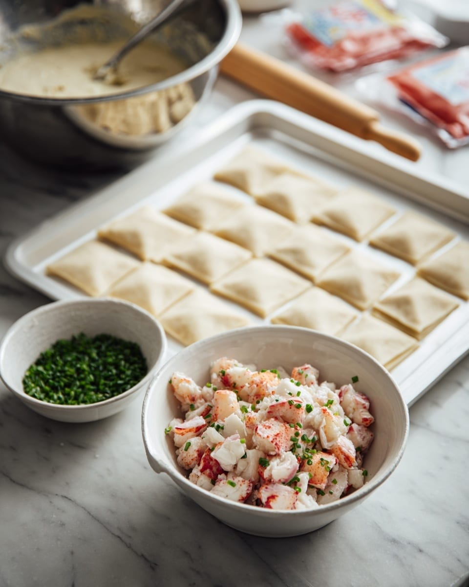 A white bowl filled with chopped white and red pieces of lobster meat topped with small green chives sits in the front. Next to it, a small bowl contains finely chopped green chives. Behind them, a flat white tray holds multiple square and triangular shaped pieces of light beige pastry dough arranged in a grid. The background shows a metal bowl with a light creamy mixture and a mixing spoon, along with red and white packaged items and a rolling pin on a white marbled surface. The scene looks like a kitchen preparing lobster pastries. photo taken with an iphone --ar 4:5 --v 7