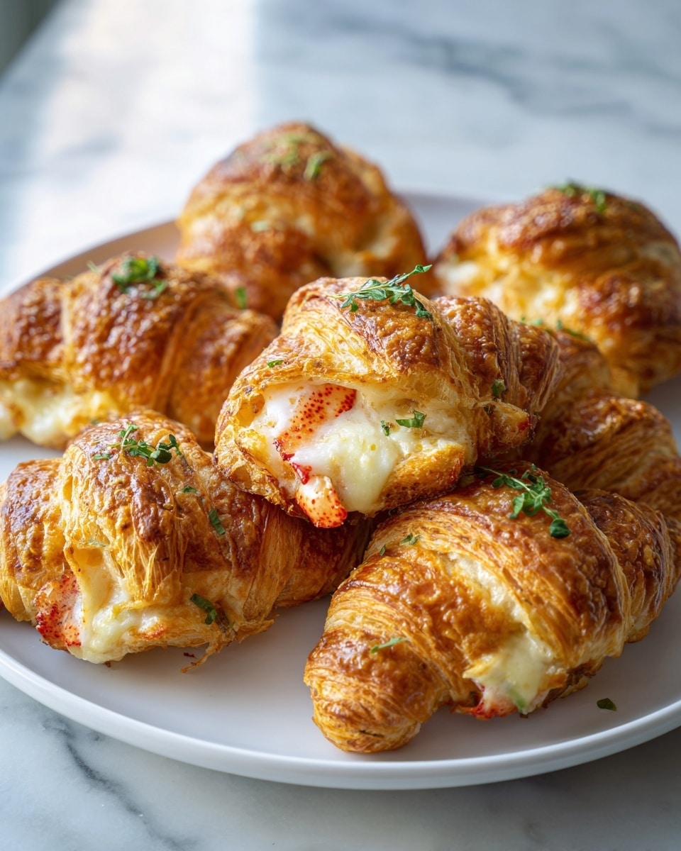 The image shows six golden brown croissants on a white plate, each croissant filled with melted white cheese oozing out, and pieces of red lobster visible inside. The croissants have a shiny, crisp outer layer with a textured, flaky surface and are topped with small green herb sprigs. The plate is placed on a white marbled surface, and the overall scene is softly lit with a blurred background. photo taken with an iphone --ar 4:5 --v 7