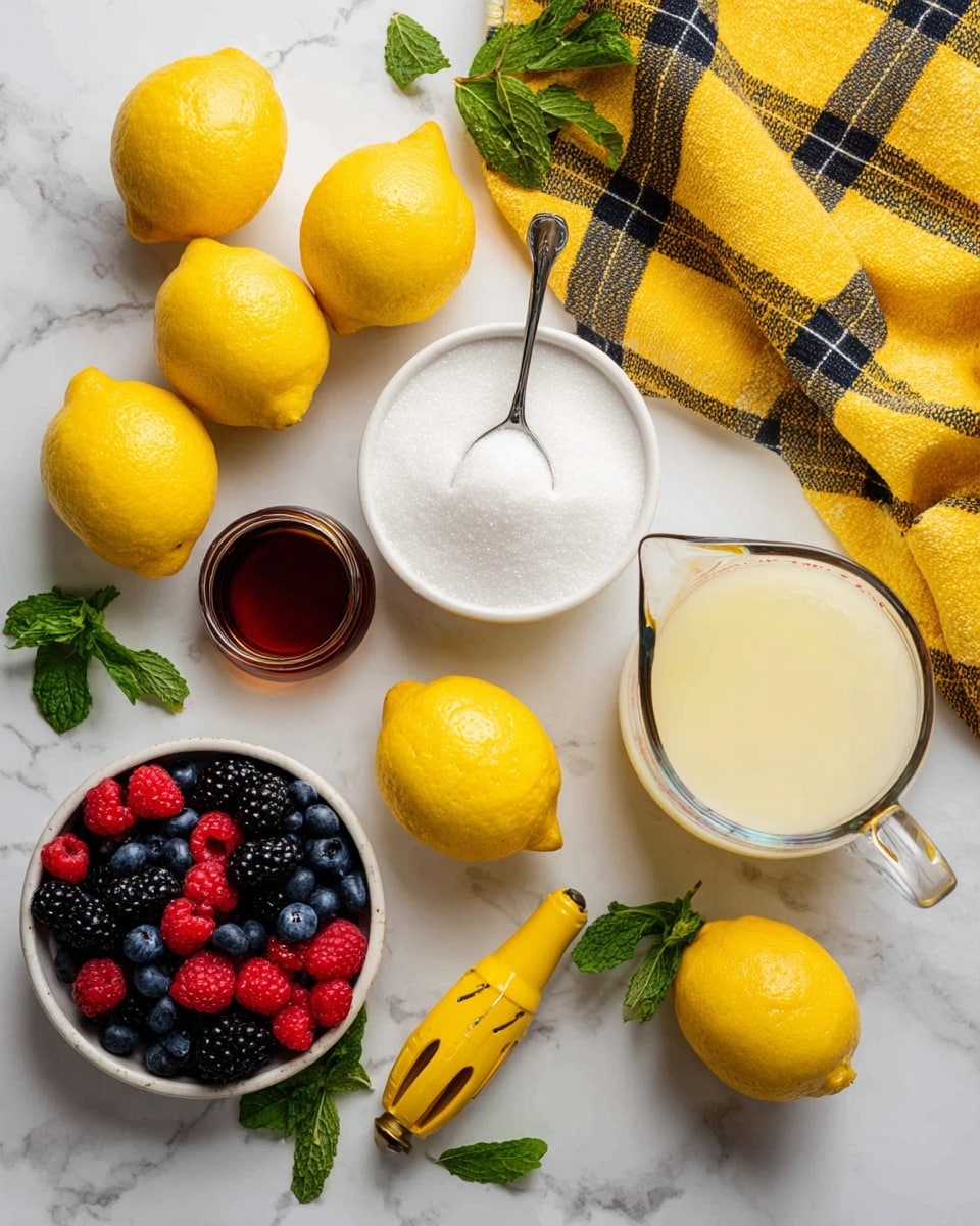 The image shows a white marbled surface with several bright yellow lemons, some whole and some cut in half, placed in a casual layout. To the top right, there is a yellow and black checkered cloth adding a splash of color. Centered at the top is a white bowl filled with white granulated sugar and a small metal scoop resting in it. Below it, there is a clear glass measuring cup with pale yellow lemon juice, next to a white measuring cup filled with frothy white liquid. In the bottom center, a white bowl holds mixed berries including red raspberries, blackberries, and blueberries, creating a colorful contrast. A small glass container with dark maple syrup sits near fresh green mint leaves on the left side. A yellow lemon squeezer is also placed on the left side, matching the lemon theme. The whole scene is bright and fresh, with natural light and a clean look photo taken with an iphone --ar 4:5 --v 7
