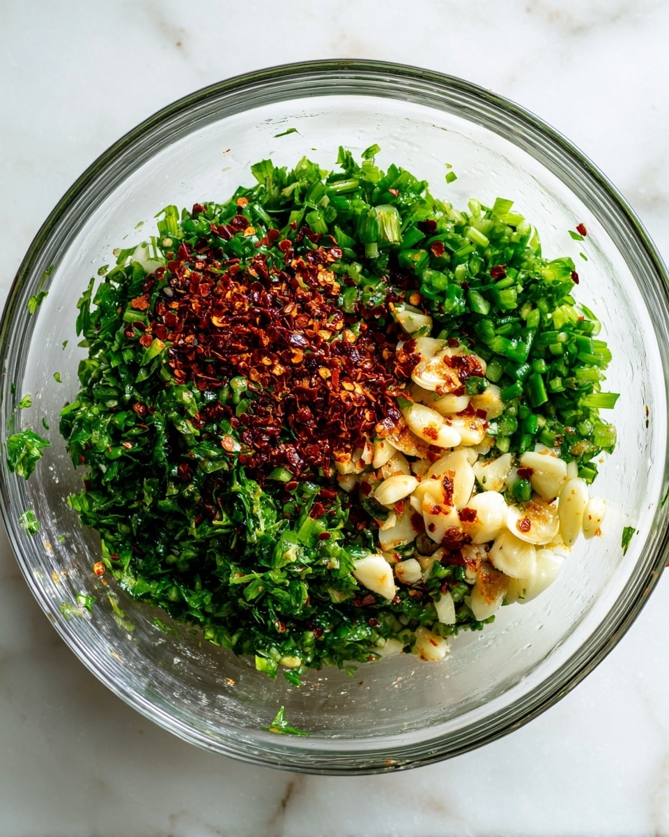 A clear glass bowl holds a mix of ingredients layered naturally without stirring, placed on a white marbled surface. The bottom layer has bright green chopped herbs with a fresh and leafy texture, covering about half of one side. On the left side near the herbs, there is a sprinkle of crushed red pepper flakes, deep red with a coarse texture. On top of these, chunks of golden roasted garlic, soft and slightly shiny, are spread unevenly across the bowl, with some pieces showing a small brown char. The inside of the bowl contrasts against the white marbled surface below, making the mixed colors vivid and fresh. photo taken with an iphone --ar 4:5 --v 7