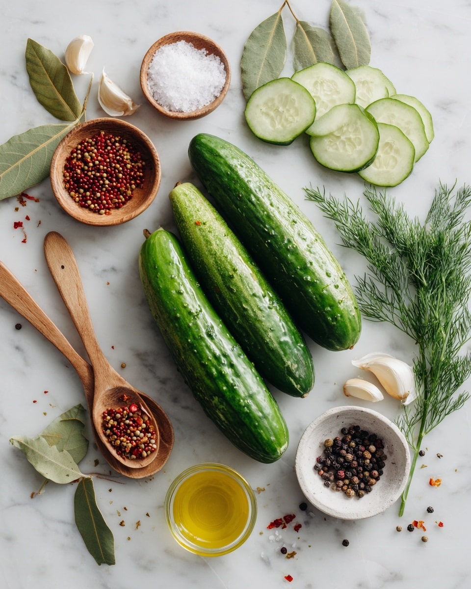 The image shows whole and sliced cucumbers placed on a white marbled surface. There are two wooden spoons, one holding reddish-brown mustard seeds and the other with black peppercorns. Nearby, fresh dill and bay leaves are arranged and garlic cloves rest beside them. A small bowl of light-colored salt and a small bowl with a yellow liquid, possibly oil, are also on the surface. A woman's hand holds a small spoon with red chili flakes over the cucumbers. The setup is clean and bright with all ingredients spread softly across the white marbled background. photo taken with an iphone --ar 4:5 --v 7