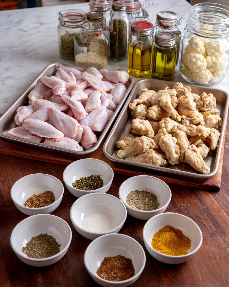 The image shows two trays on a wooden table, one on the left filled with raw chicken wings in neat layers of pale pink color, and the one on the right full of crispy golden brown cooked chicken wings with a slightly shiny texture. In front of the trays, there are eight small white bowls arranged in two rows, each filled with different spices and seasonings in colors like white, yellow, brown, and green. Behind the trays, there are glass jars and bottles containing various dry herbs, spices, cauliflower florets, and cooking oil. The background surface is a white marbled texture. Photo taken with an iphone --ar 4:5 --v 7