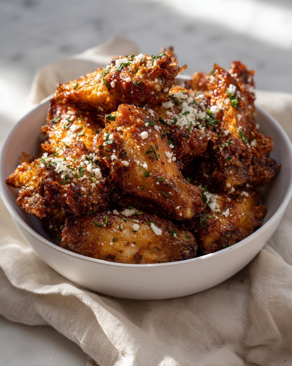 A white bowl filled with about 12 pieces of golden brown fried wings, each piece covered with a crispy texture and sprinkled with small white cheese bits and green herb sprinkles, stacked in a loose pile. The bowl sits on a soft beige cloth against a white marbled surface with natural light casting soft shadows, the wings showing a crunchy look with scattered herbs on top photo taken with an iphone --ar 4:5 --v 7