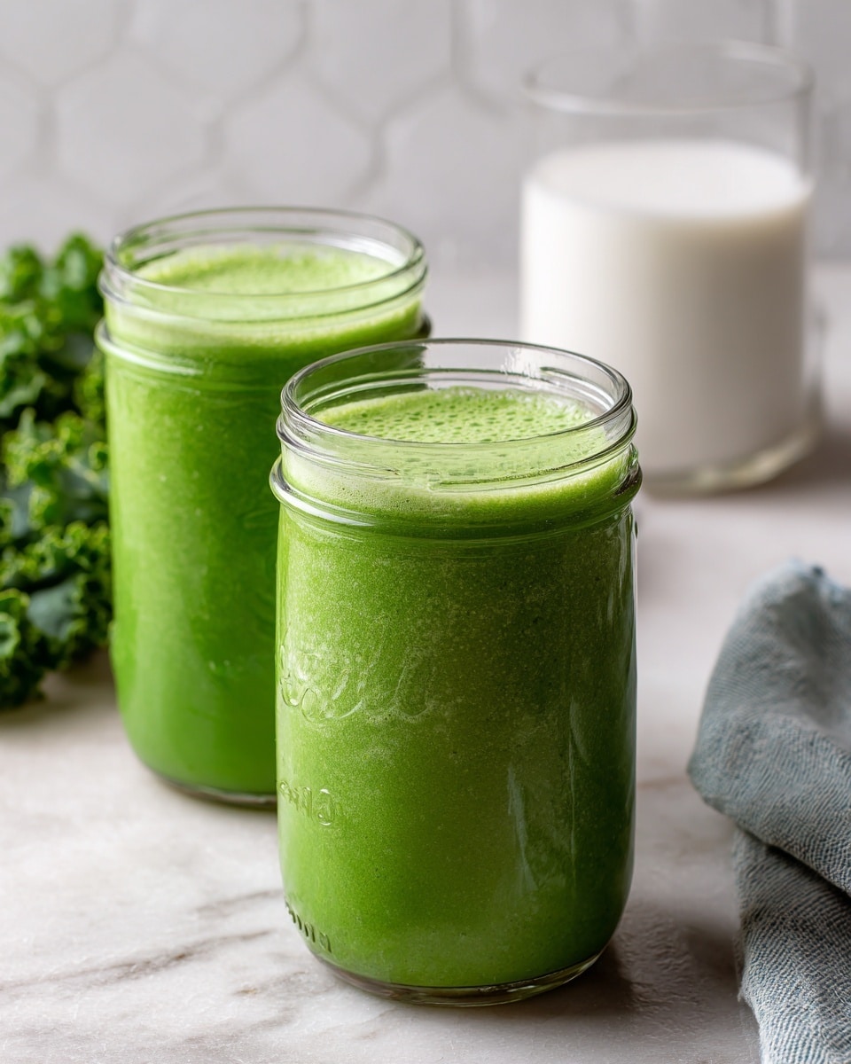 Two clear glass Ball mason jars filled about three-quarters full with bright green smoothie are placed side by side on a white marbled surface. The front jar shows a smooth green texture with tiny bubbles, and the jar behind it is slightly blurred but similarly filled. To the left of the jars, there is a small bunch of fresh green kale leaves partly visible in the corner, and behind the jars, two clear glasses filled halfway with white liquid are visible along with a white tiled wall in the background. A light blue and white cloth napkin rests near the bottom right of the image. Photo taken with an iphone --ar 4:5 --v 7