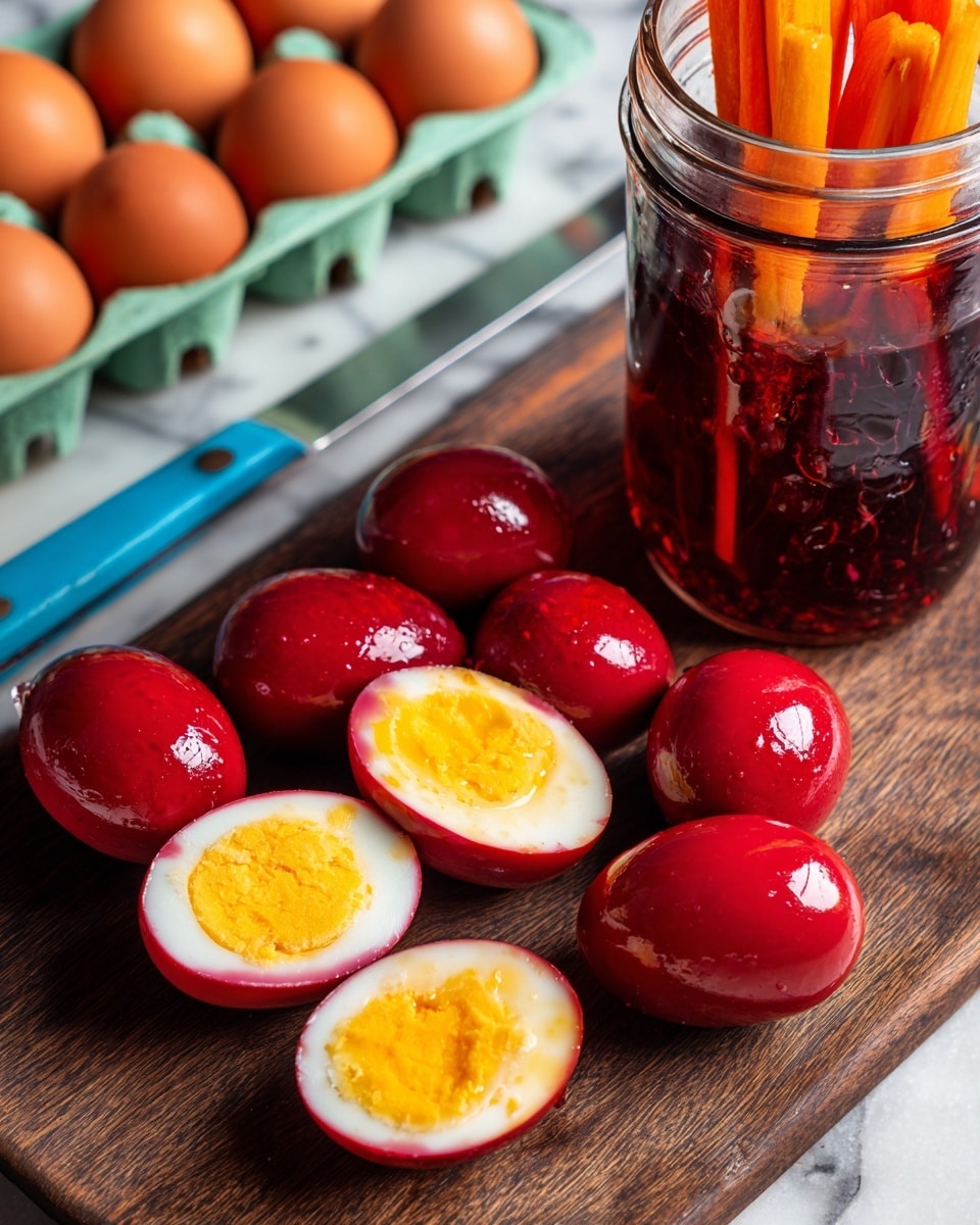The image shows a group of bright red marinated eggs, some whole and some sliced in half, placed on a dark wooden surface. Each egg has smooth, shiny red outer layers with vibrant yellow yolks in the center, surrounded by white egg whites that have a slight pink tint from the marinade. Behind the eggs, there is a clear glass jar filled with deep red liquid and several orange sticks inside it. A knife with a blueish handle lies diagonally to the left with a green and orange egg carton partially visible in the upper left corner. The surface is changed to a white marbled texture. Photo taken with an iphone --ar 4:5 --v 7