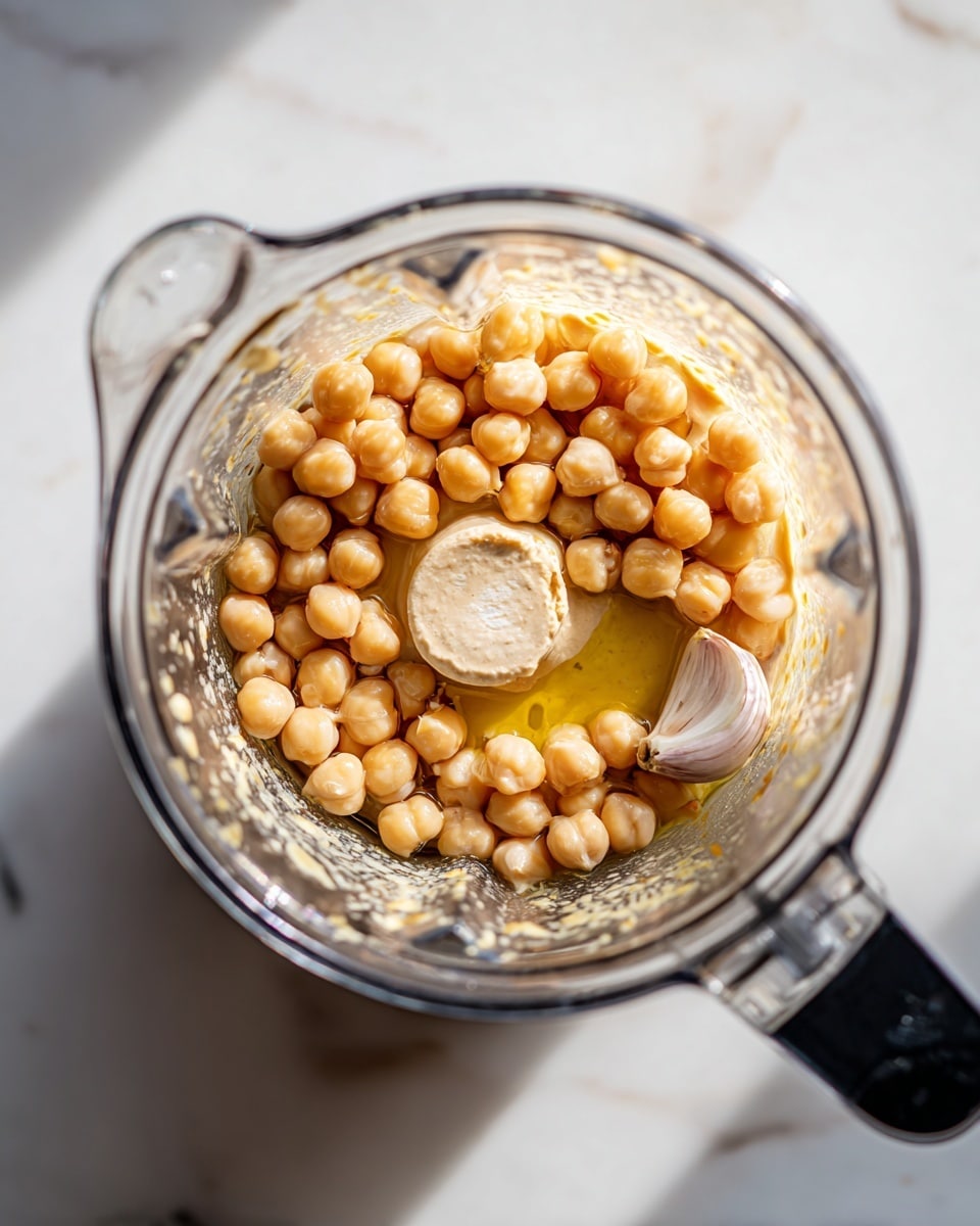 A clear blender container sits on a white marbled surface, filled with light beige chickpeas layered evenly across the bottom and top. There is a pool of golden olive oil near the edge, sitting on top of a creamy beige tahini layer. A garlic clove rests on the lower right side inside the blender, adding a touch of white with subtle natural lines. The blender handle, black and smooth, is visible on the right side, breaking the soft color palette. The scene is bright with natural light highlighting the textures and colors. photo taken with an iphone --ar 4:5 --v 7
