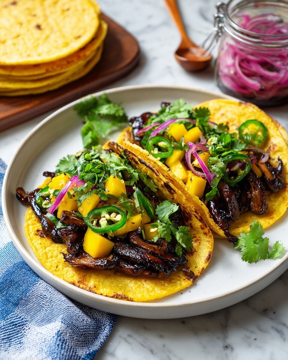 Two yellow corn tortillas with slightly charred edges are layered on a white plate, each filled with dark brown, glazed mushroom strips. On top of the mushrooms are bright yellow mango chunks, green jalapeno slices, thin purple onion slices, and scattered fresh cilantro leaves. The plate sits on a white marbled surface, with a blue and white dish towel partly under a stack of more tortillas in the background. A small jar of pickled red onions with a wooden spoon is also visible nearby. Photo taken with an iphone --ar 4:5 --v 7