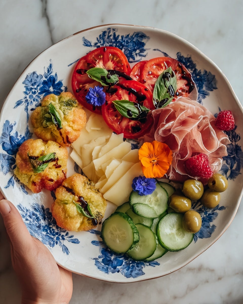 A white plate with blue floral patterns holds an artful arrangement of food layers. On the left, there are three golden-brown fried stuffed flowers with a rough texture. Moving clockwise, three bright red tomato slices topped with dark green basil leaves and a shiny balsamic drizzle form the next layer. In the center, there are thin pale yellow slices of cheese. Next to the cheese, a soft pink pile of thinly folded cured meat is placed. To the right, fresh green cucumber slices with a smooth surface lean against a cluster of green olives. Bright red raspberries are nestled between the olives and the cured meat, with small blue flowers scattered on top. Two bright orange edible flowers add a pop of color, one near the tomatoes and one near the cucumbers. The plate sits on a white marbled surface, with a woman's hand partially visible holding the edge. Photo taken with an iphone --ar 4:5 --v 7