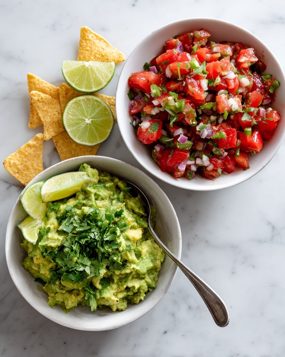 The image shows two white bowls on a white marbled surface. The left bowl contains mashed green avocado mixed with chopped cilantro, with two lime wedges on the right side and three triangular corn chips leaning on the top left edge. The texture looks chunky and fresh. The right bowl is filled with a bright salsa made of chopped red tomatoes, white onions, and green jalapeño pieces, all mixed with small bits of cilantro. A silver spoon is resting inside the salsa bowl on the right side. photo taken with an iphone --ar 4:5 --v 7