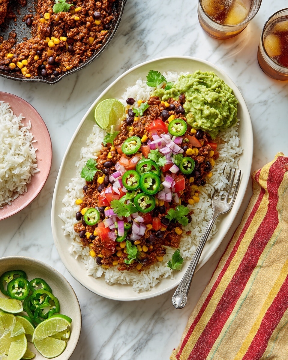 A white oval plate holds a layered dish starting with a base of white rice, topped with a mix of cooked ground meat with a reddish-brown color, scattered yellow corn kernels, black beans, and chopped red tomatoes. Bright green jalapeño slices and diced purple onions are sprinkled on top along with fresh green cilantro leaves, a spoonful of green guacamole sits near the center, and two lime wedges rest on the upper edge. A silver fork lies on the right side of the plate. Around the plate, there is a black skillet with the same cooked meat mixture garnished with cilantro, a white bowl of white rice, a small pink plate with lime wedges and jalapeño slices, a glass with a brown beverage, and a striped cloth napkin in yellow, red, and beige colors, all placed on a white marbled surface photo taken with an iphone --ar 4:5 --v 7