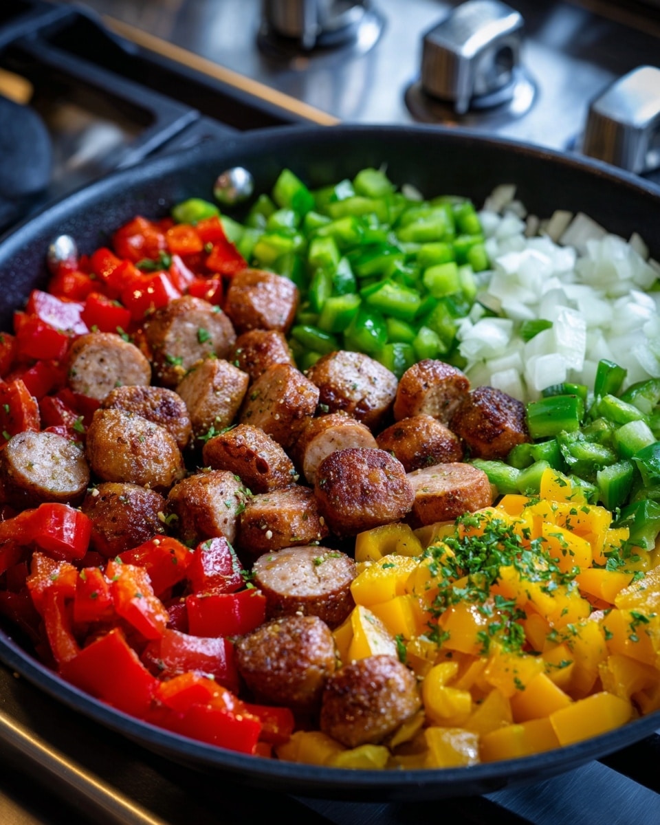 A close-up view of a black pan filled with freshly cooked food arranged in layers. The first layer consists of browned sliced sausages with a rough texture, scattered across the bottom left. Around the sausages, there are diced red bell peppers with a shiny surface on the top left. Next to them, in the center upper area, are chopped green bell peppers with a fresh, glossy look. On the top right side, there are small pieces of white onion with a slightly translucent appearance. Finally, on the bottom right, a layer of diced yellow bell peppers mixed with white onion pieces, lightly sprinkled with black pepper and garnished with small green herb pieces. The pan is placed on a stove with metallic parts in the background. photo taken with an iphone --ar 4:5 --v 7