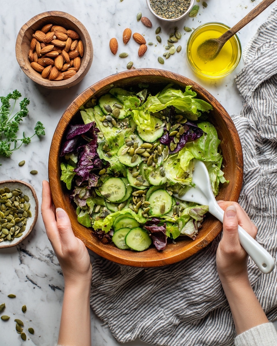 A wooden bowl filled with a fresh salad containing multiple layers: the base layer is bright green and purple leafy lettuce, topped with evenly spread light green cucumber slices, dark green avocado slices, scattered brown almonds, green pumpkin seeds, and small dark purple herb leaves. A woman's two hands are holding white salad spoons inside the bowl, tossing the salad. Around the bowl on a white marbled surface with a striped cloth underneath, there are whole almonds in a pile, a small wooden bowl of pumpkin seeds, a glass bowl of yellow olive oil with a spoon inside, and a small white plate with fresh herbs. Photo taken with an iphone --ar 4:5 --v 7