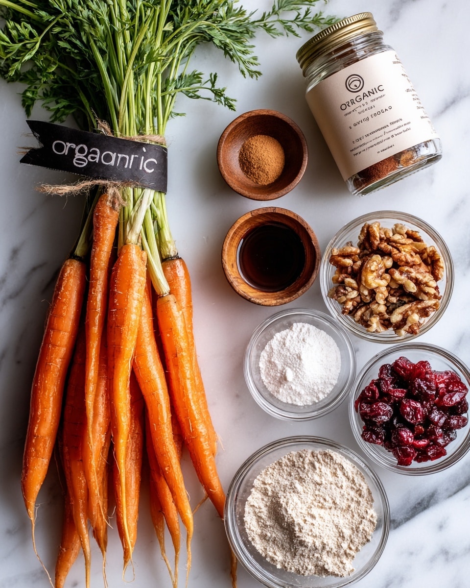 The image shows two parts side by side on a white marbled surface. On the left, there is a bunch of bright orange carrots with green tops still attached, tied together with a black band labeled