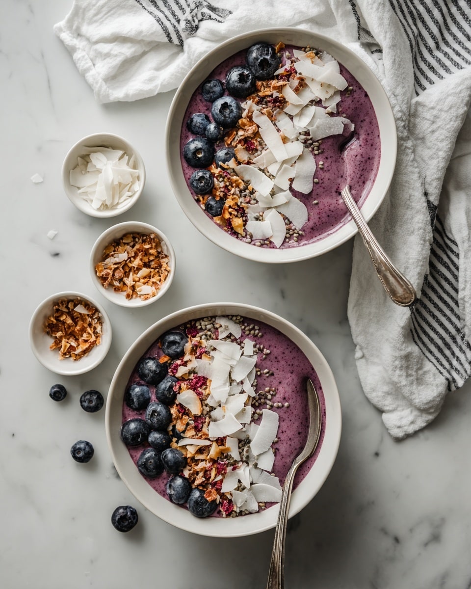 Two white bowls filled with a thick, deep purple smoothie layer form the base, topped with scattered fresh blueberries, white coconut flakes, small light brown seeds, and bright red small fruit pieces. Each bowl has a silver spoon resting inside, the bowls placed on a white marbled surface. Nearby, there are three small white bowls holding extra red fruit pieces, coconut flakes, and seeds. A white cloth napkin with thin black stripes lies next to the bowls. Photo taken with an iphone --ar 4:5 --v 7