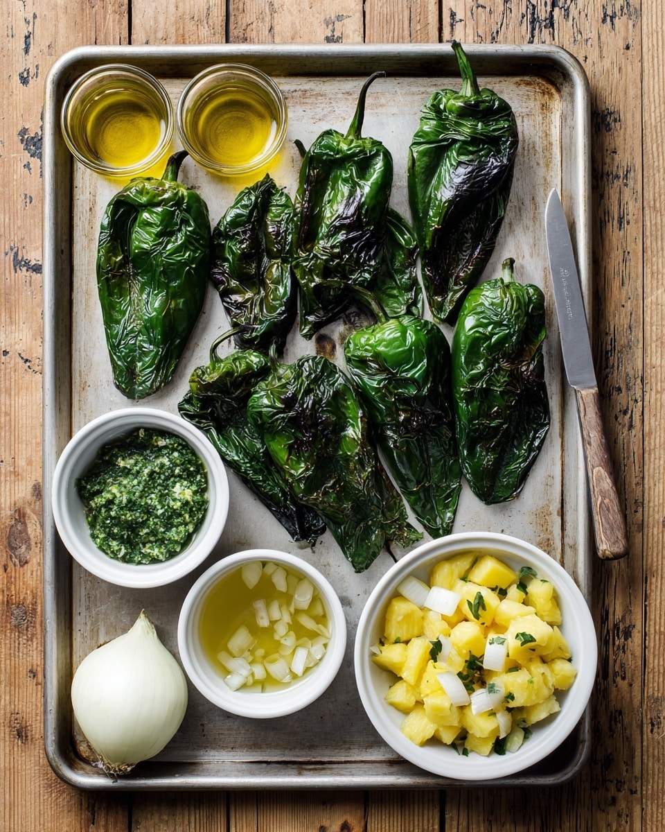 A metal baking sheet holds several charred green peppers arranged in the center and right side of the tray, showing shiny, wrinkled, dark green skins with some black spots. In the lower right on the tray, there is a white bowl filled with chopped yellow pineapple mixed with small pieces of white onion. To the left of this bowl is a small white bowl holding a green herb paste with a coarse texture. Below the herb bowl, another white bowl contains a yellowish liquid with floating chopped white onions. Next to the liquid bowl sits a small knife with a metal blade and black handle. A whole white onion is placed near the bottom left corner of the tray. Two small glass containers of light yellow oil stand upright near the top left and right edges of the tray. The whole setup rests on a wooden surface with a woman’s hand not visible but implied by the kitchen items around. photo taken with an iphone --ar 4:5 --v 7