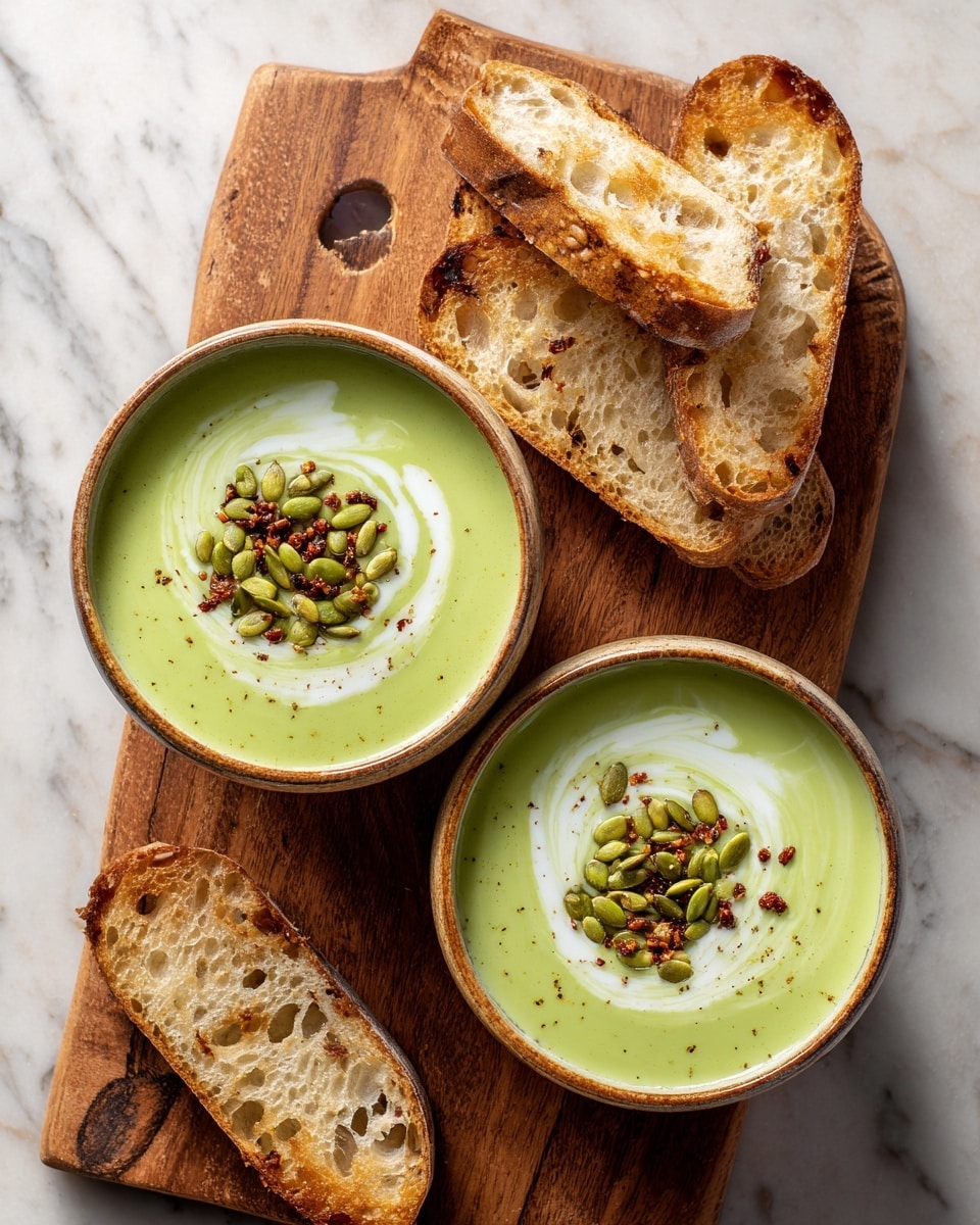 The image shows two round ceramic bowls filled with smooth, light green soup. Each bowl has a swirl of white cream on top, with a small pile of green pumpkin seeds and small crispy reddish-brown bits in the center. The bowls are placed on a wooden cutting board that also holds several thick slices of golden brown toasted bread with a slightly airy texture. The setting is on a white marbled surface with soft natural light. photo taken with an iphone --ar 4:5 --v 7