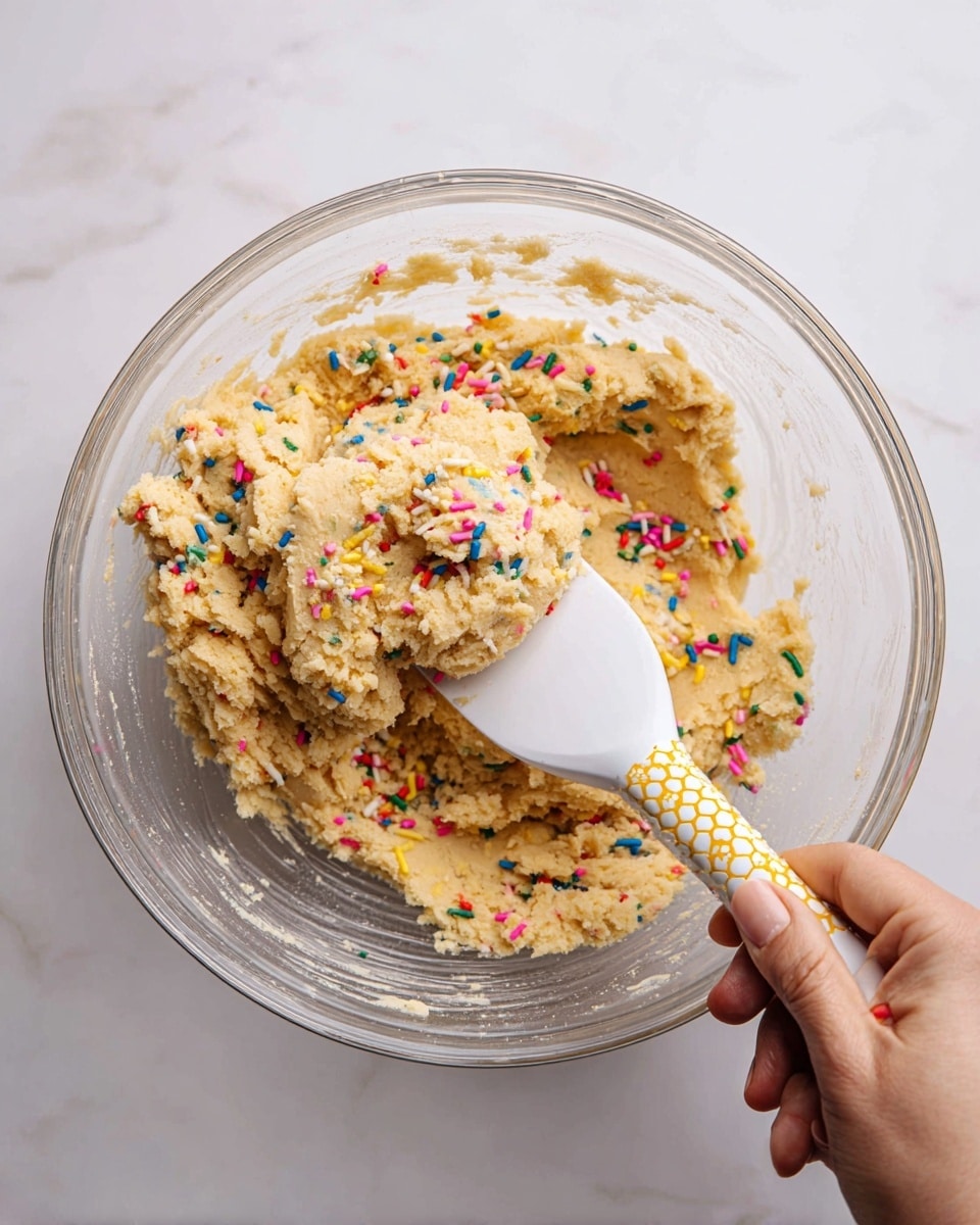 A clear glass bowl sits on a white marbled surface, filled with golden beige cookie dough mixed with colorful rainbow sprinkles scattered throughout the dough. A white spatula with a honeycomb pattern and a yellow bee design, held by a woman's hand, is partially inserted into the dough, lifting a portion of it. The dough looks thick and slightly crumbly with a rough texture, while the inside edges of the bowl have streaks of dough residue. Photo taken with an iphone --ar 4:5 --v 7