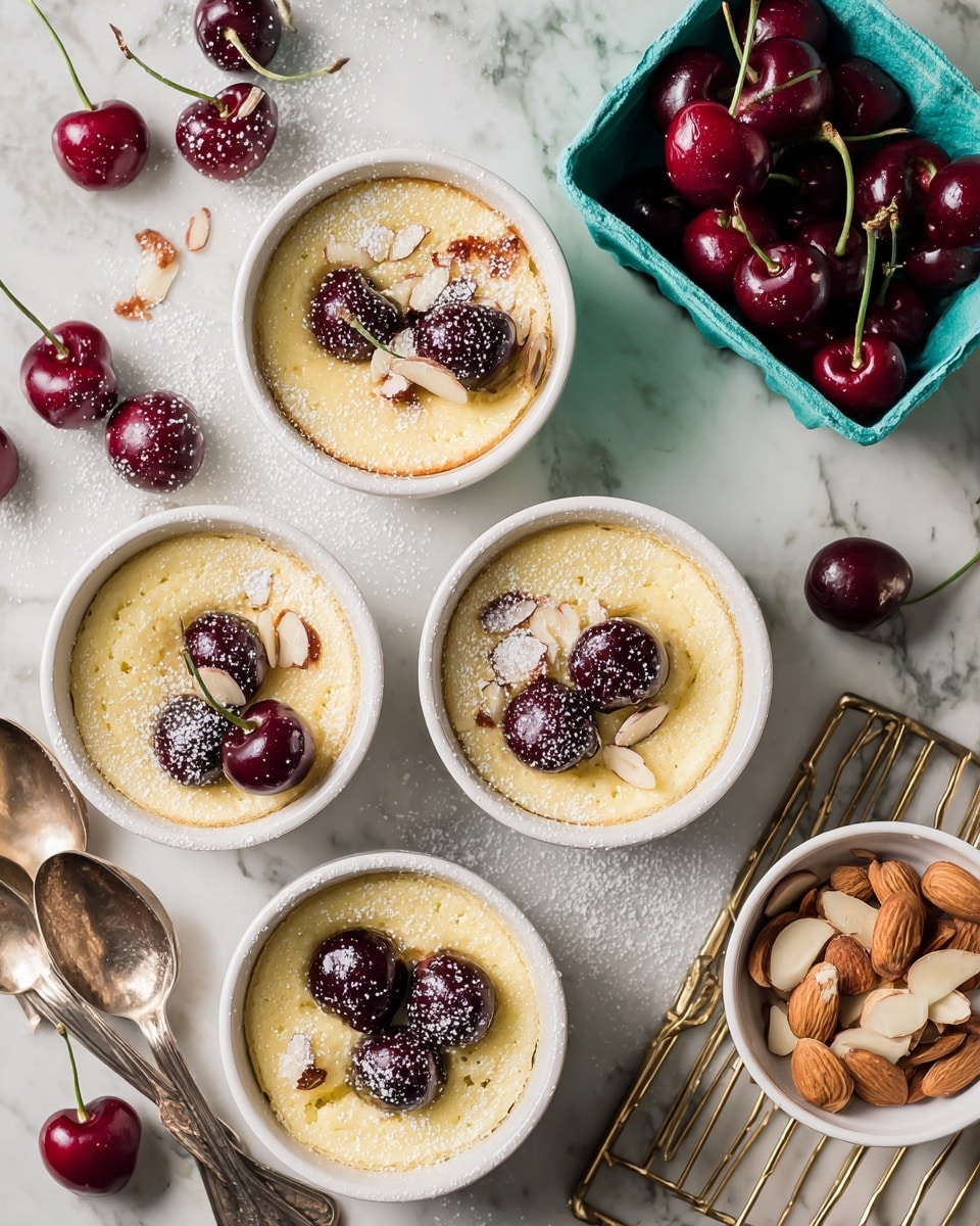 Five small white round ramekins hold a creamy yellow baked dessert with a slightly golden edge. Each dessert is topped with a cluster of glossy dark red cherries and a few sliced almonds scattered around. A light dusting of white powdered sugar is on top of each. To the left, there are fresh dark red cherries with green stems scattered on a white marbled surface and a small teal container full of cherries. In the top right corner, a small white bowl with sliced almonds sits near two vintage silver spoons resting on the white marbled surface. Part of a gold cooling rack is visible under the ramekins. Photo taken with an iphone --ar 4:5 --v 7
