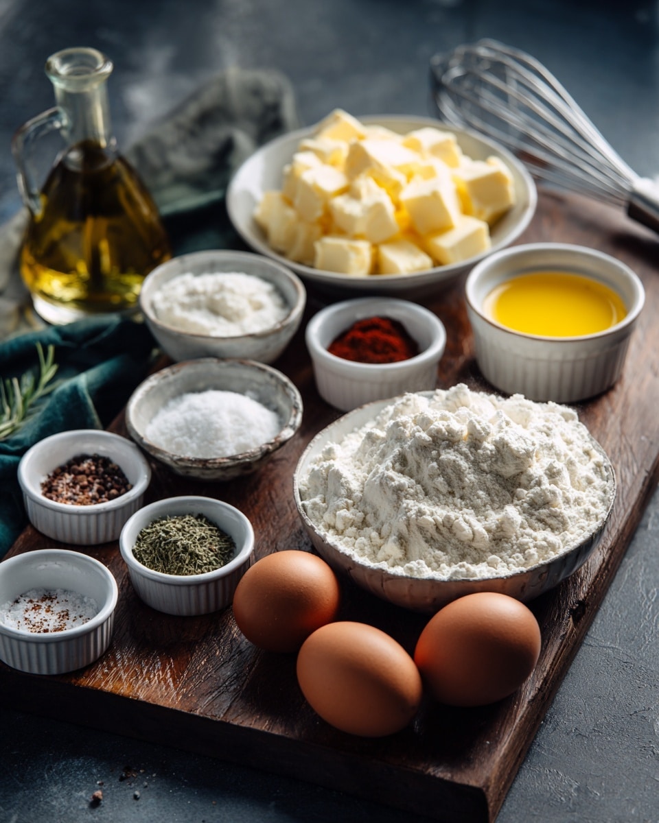 The image shows a wooden board on a dark countertop holding several small white bowls and three brown eggs. In front is a large white bowl full of white flour with a soft texture. Behind it is a smaller white bowl filled with pale yellow butter chunks. Next to these are a small glass bowl of bright yellow melted butter and several other small white bowls containing white powder, small dark red spice, white granulated salt with a whisk inside, green dried herbs, and a dark brown sauce. There is also a clear glass bottle of olive oil at the back. The whole scene has soft natural light from the right. Photo taken with an iphone --ar 4:5 --v 7
