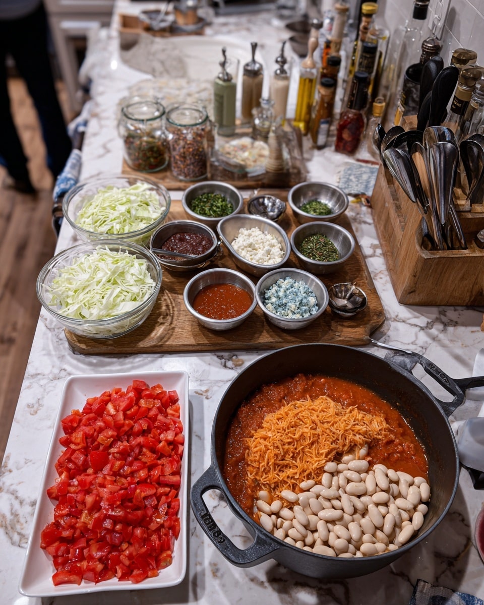 The image shows a kitchen counter with ingredients organized for cooking. On the bottom left, there is a white rectangular plate filled with bright red diced tomatoes. Next to it, in a black pot, there is a thick, orange-red mixture with shredded pieces, looking like a sauce. In the center, a large black pan holds many large white beans. Above the beans, there are several small silver bowls arranged in two rows on a wooden board; one bowl contains green herbs, another has a light blue crumbly cheese, and two others hold dark brown and reddish sauces. To the left of these bowls, a clear glass container is filled with shredded light green cabbage. In the background, there are tall bottles with different liquids and spices. The whole setup is on a white marbled surface with cooking tools on the side. Photo taken with an iphone --ar 4:5 --v 7
