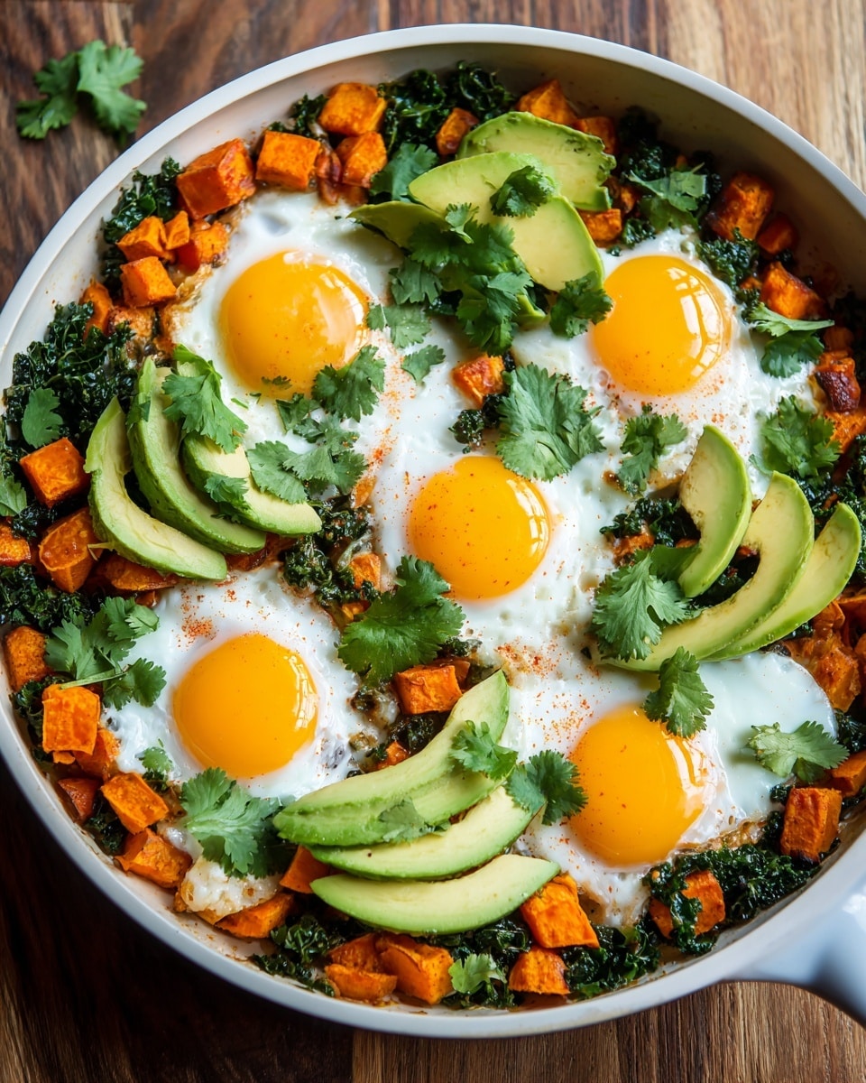 A white pan filled with a colorful mix of cooked orange sweet potato cubes and dark green kale spread evenly along the edges. In the center, four sunny-side-up eggs with bright yellow yolks and white edges are placed. Over the eggs and vegetables, several pale green avocado slices are arranged in a scattered manner. Fresh green cilantro leaves are sprinkled on top, adding a fresh touch. The pan sits on a wooden surface. photo taken with an iphone --ar 4:5 --v 7