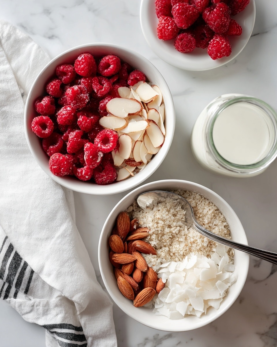 There are two white bowls on a white marbled surface. Each bowl has four main parts arranged neatly: on one side, there are red raspberries with a bright and soft texture; next to them, thin slices of light brown almonds; then, a pile of crumbly beige grains fills the center; the last part has pale white coconut flakes with a slightly rough texture. One bowl has a silver spoon inside. There is a glass jar with white liquid near the top right, and a small white plate with some raspberries placed in the top right. A white cloth with thin black stripes is at the bottom left corner. Photo taken with an iphone --ar 4:5 --v 7