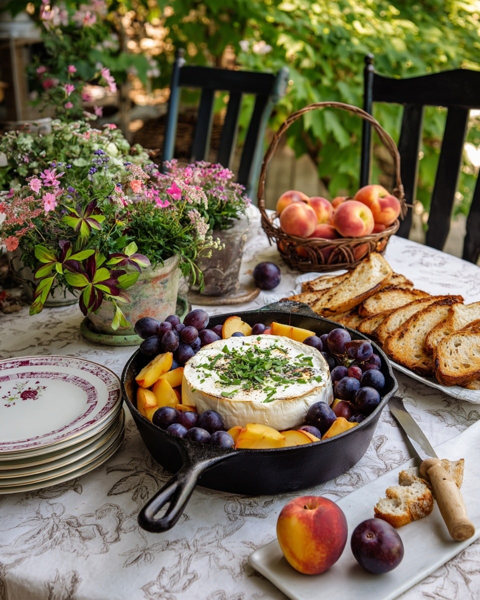 A black cast iron pan sits on a grill, with a whole round of soft white cheese in the center, surrounded by dark purple grapes clustered around the cheese and bright yellow peach slices placed evenly around the pan’s edge. Next to the pan on the grill are two long, crusty baguettes with a golden-brown baked surface. The grill bars and light smoke add to the outdoor cooking feel. The background is a white marbled texture. photo taken with an iphone --ar 4:5 --v 7