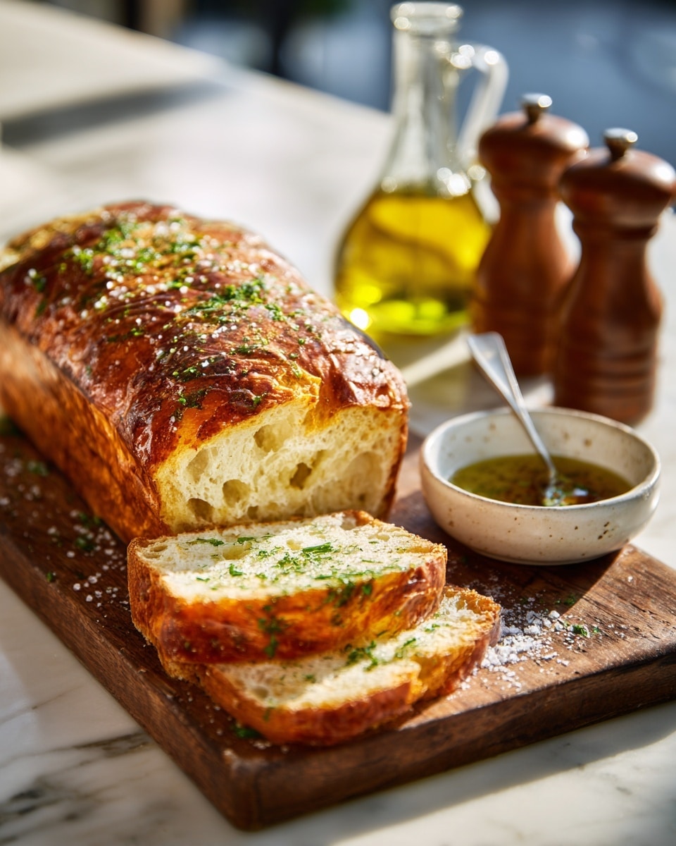 A wooden board holds a long loaf of golden brown bread with a slightly crispy, shiny crust topped with sprinkled green herbs and coarse salt. In front of the loaf are two thick slices showing a soft, airy inside with light holes and some green herbs on top. Behind the bread, there is a small white bowl filled with olive oil and herbs, with a spoon resting inside it. A glass bottle of olive oil and wooden salt and pepper shakers are blurred in the background. Everything is set on a white marbled surface with soft sunlight shining across the scene, photo taken with an iphone --ar 4:5 --v 7