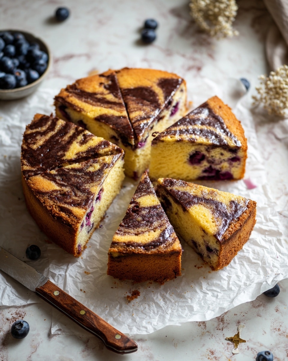 A round cake with a golden brown crust sits on white parchment paper over a white marbled surface, with four triangular slices cut out and arranged around it. The cake has two visible layers: a light yellow cake base with deep purple berries scattered inside, and a darker swirled topping of chocolate or cinnamon that creates a marbled effect on the surface. The top layer is shiny with a glaze that drips slightly onto the parchment. A knife with a wooden handle lies nearby, and there are a few blueberries and dried flowers in the background. photo taken with an iphone --ar 4:5 --v 7