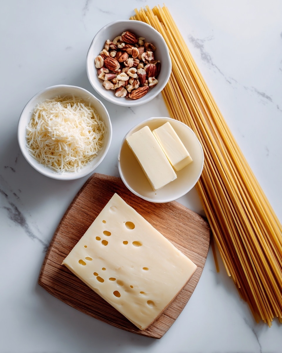 The image shows three main elements arranged on a white marbled surface: a long bundle of uncooked spaghetti pasta positioned on the right side; a white bowl filled with chopped nuts placed near the top-left; and a white bowl containing a block of butter beside the nuts. Below them, there is a wooden cutting board holding a rectangular slice of cheese with visible holes. The overall colors are light beige, cream, and brown tones, with a simple, clean presentation. Photo taken with an iphone --ar 4:5 --v 7